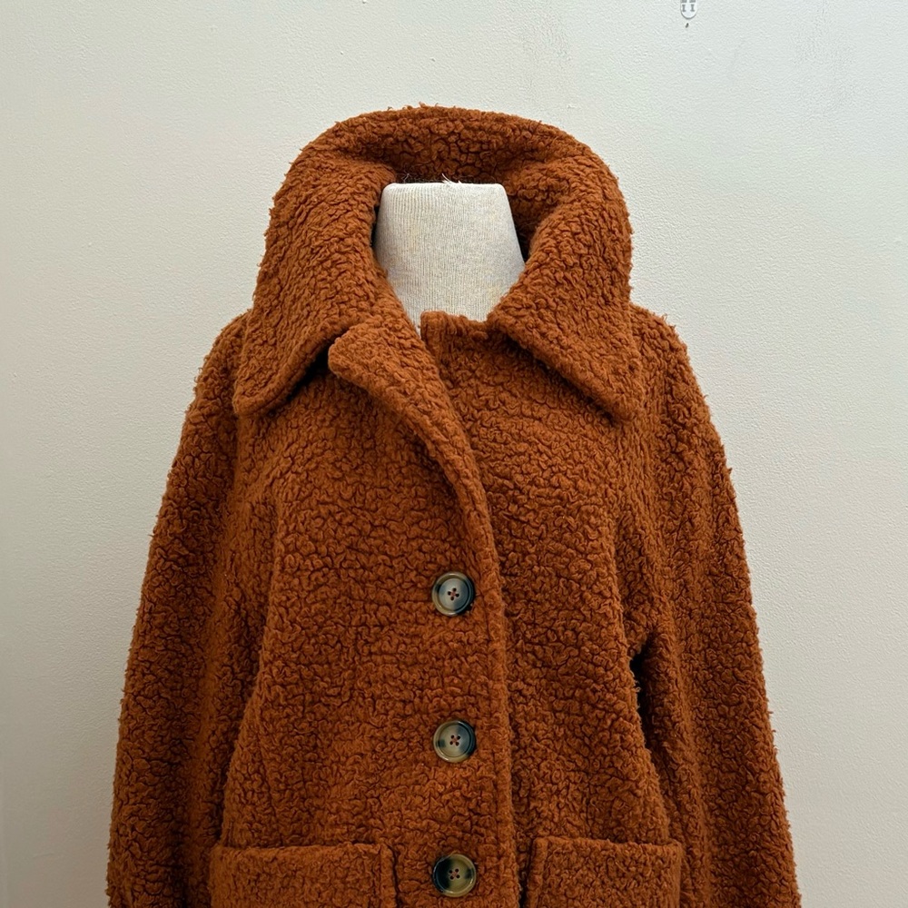 Free people Burnt Orange Shearling Sherpa Teddy Peacoat Jacket Size Medium Cozy - Picture 15 of 15